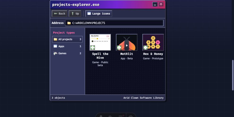The Arid Clown project explorer, complete with folders and tiny application shortcuts.