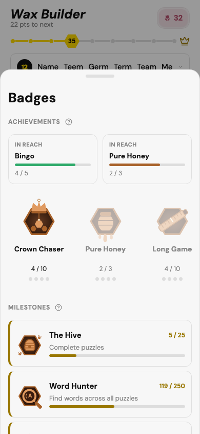 Badge collection with achievements and tiered milestones