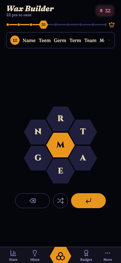 Spelling Hive gameplay in midnight dark theme