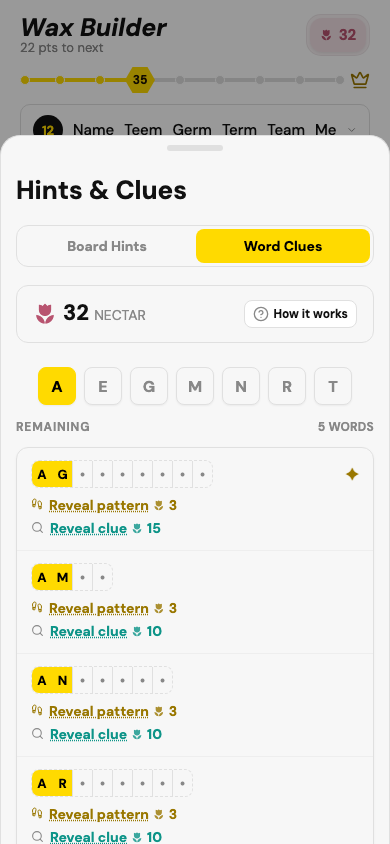 Word clues and board hints view