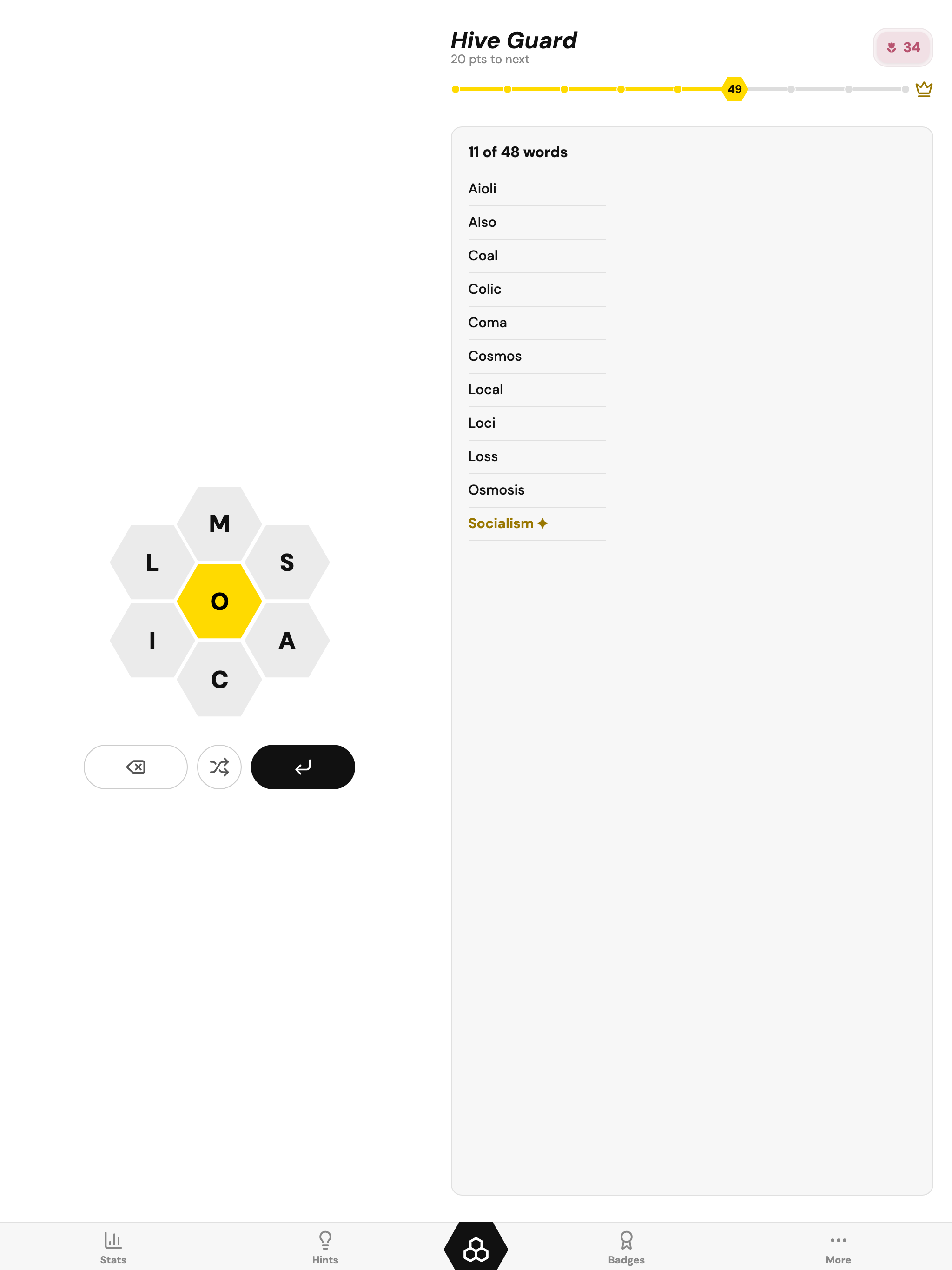 Spelling Hive on a tablet, the board beside a live word list